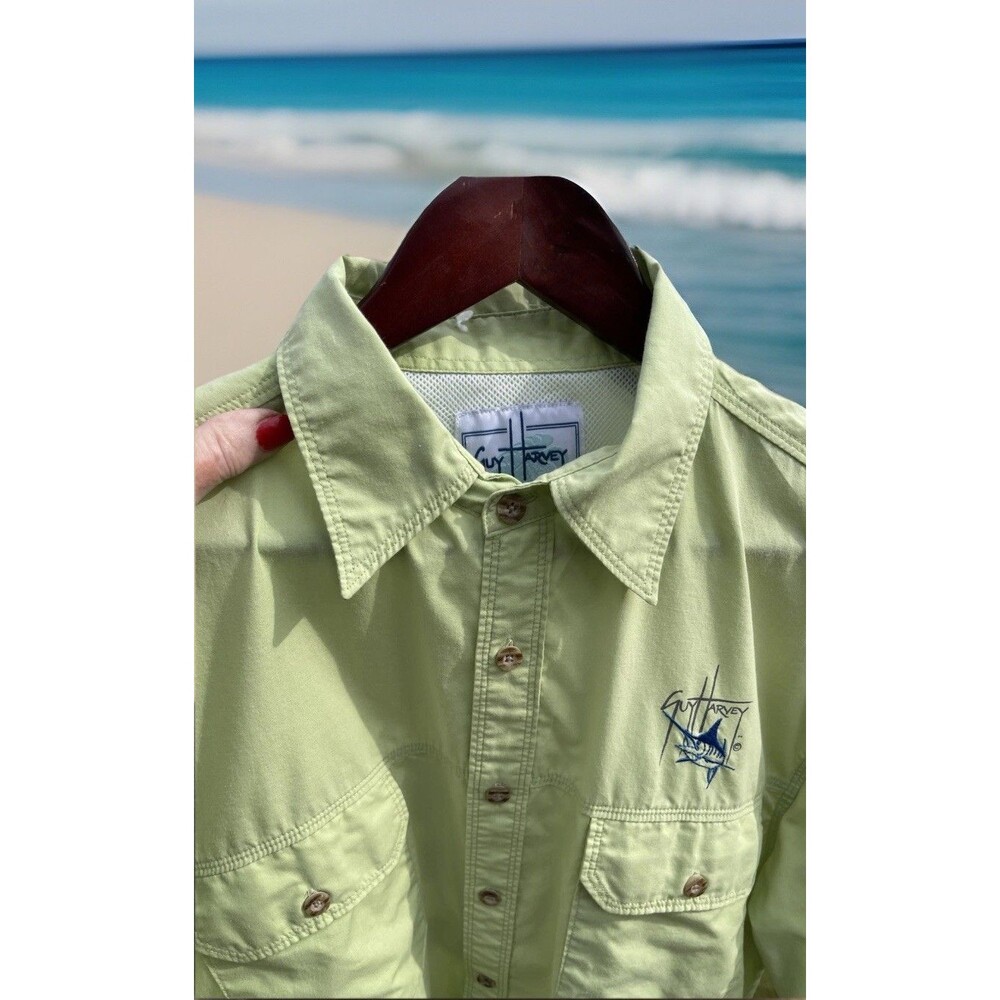 Guy Harvey AFTCO Vented Fishing Shirt Logo S/S Embroidered Green Mens Sz Medium - Picture 2 of 14